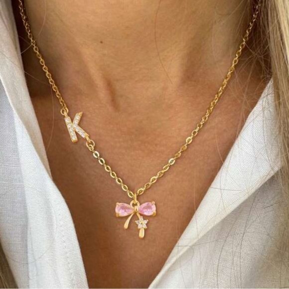 Pink Bow Pendant Necklace A1233 - Picture 2 of 4